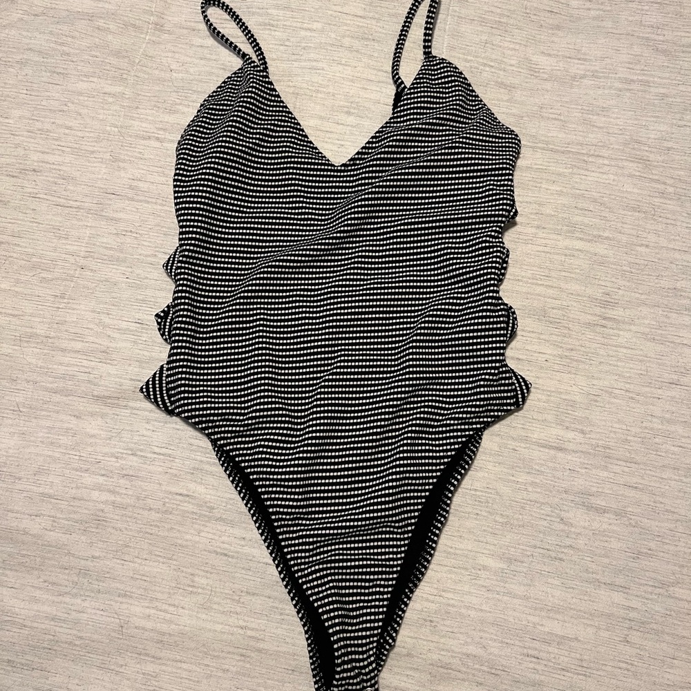 BERSHKA Black and White Striped Bodysuit Keyhole Cutouts